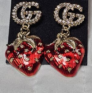 Gucci Beauty Gold and Red Strawberry Dangle Earrings NEW Stamped